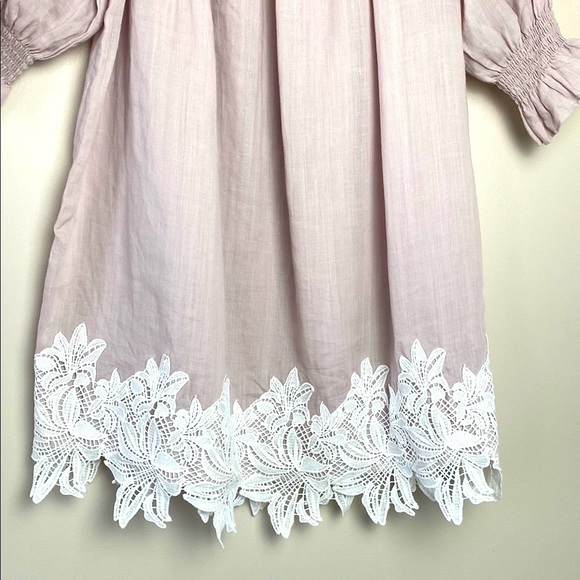 Caara Off-Shoulder Linen Dress with White Lace Appliqué Trim Pale Pink Size S - Picture 4 of 12